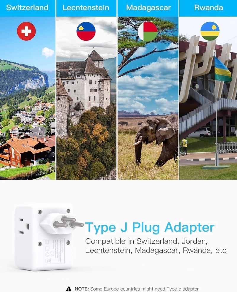 One Beat Switzerland Power Travel Plug Adapter, Type J Power Adapter with 2 Outlets 3 USB Ports(2 USB C) for US to Swiss Switzerland Liechtenstein Rwanda - Image 3